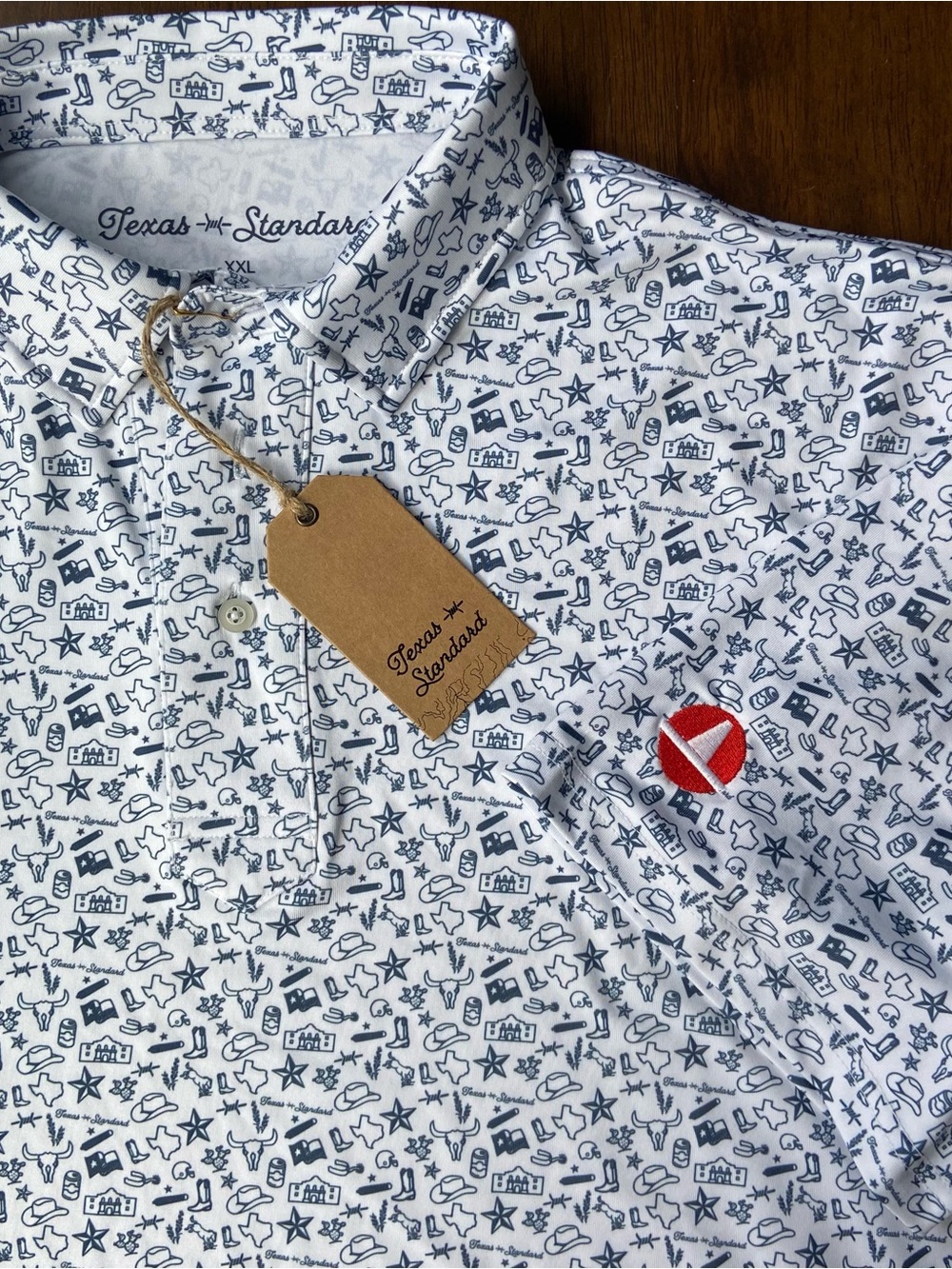 Texas Standard Men Polo Shirt XXL White Blue Alamo Longhorn Western Icon Golf